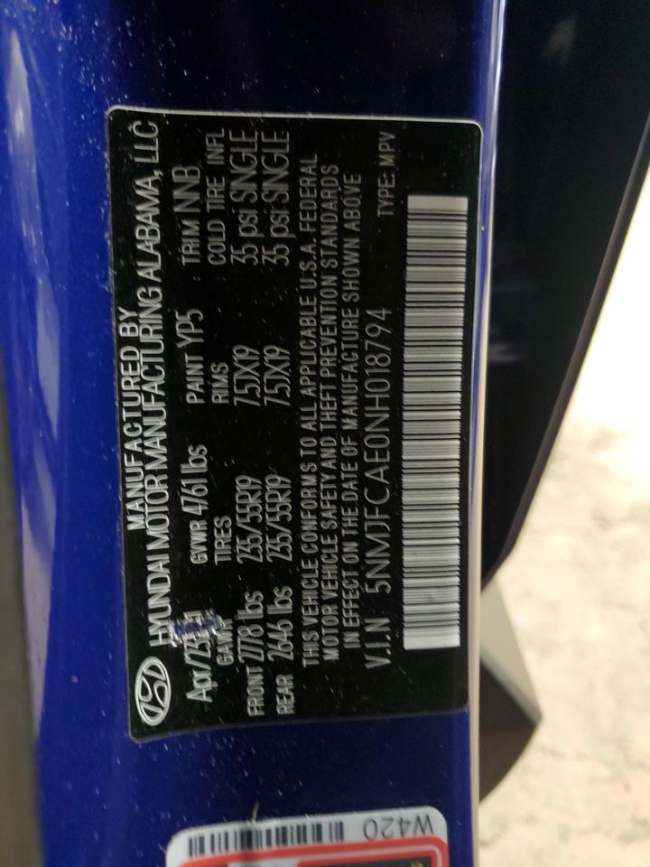 2022 HYUNDAI TUCSON SEL VIN:5NMJFCAE0NH018794