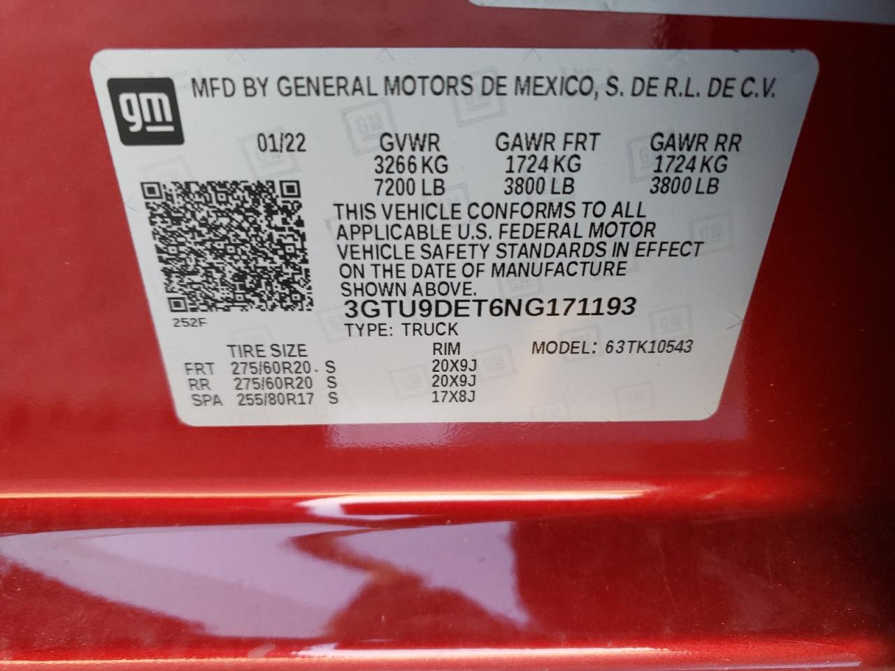 2022 GMC SIERRA LIMITED K1500 SLT VIN:3GTU9DET6NG171193