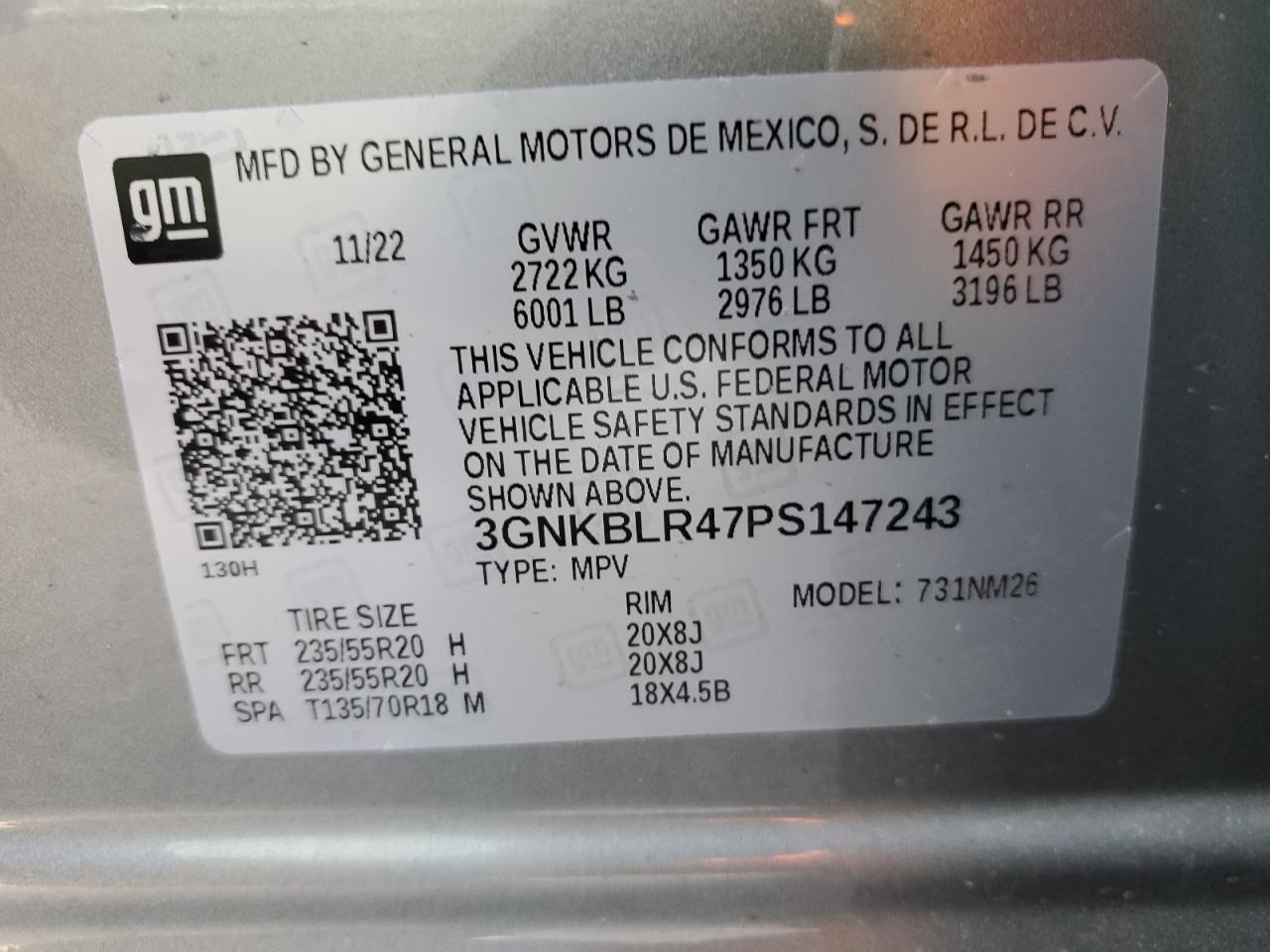 2023 CHEVROLET BLAZER PREMIER VIN:3GNKBLR47PS147243