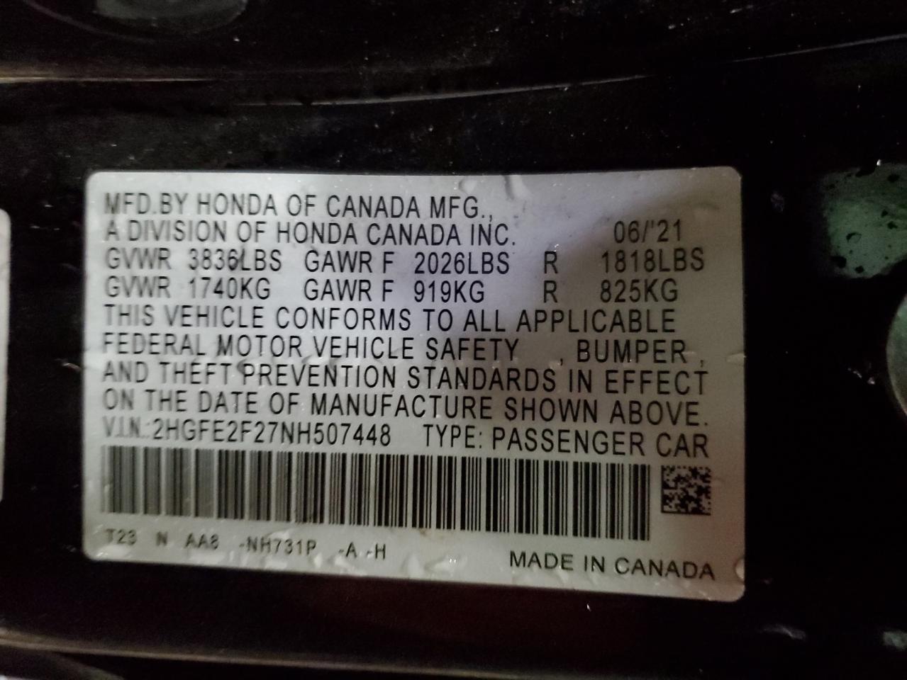 2022 HONDA CIVIC LX VIN:2HGFE2F27NH507448