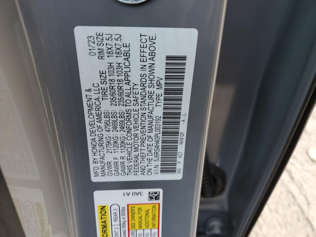 2023 HONDA CR-V EX VIN:5J6RS4H40PL003192