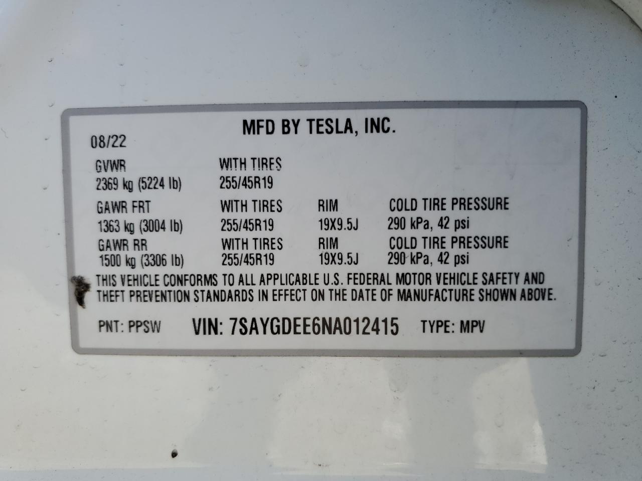 2022 TESLA MODEL Y VIN:7SAYGDEE6NA012415