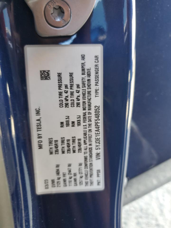 2023 TESLA MODEL 3 VIN:5YJ3E1EA4PF548052