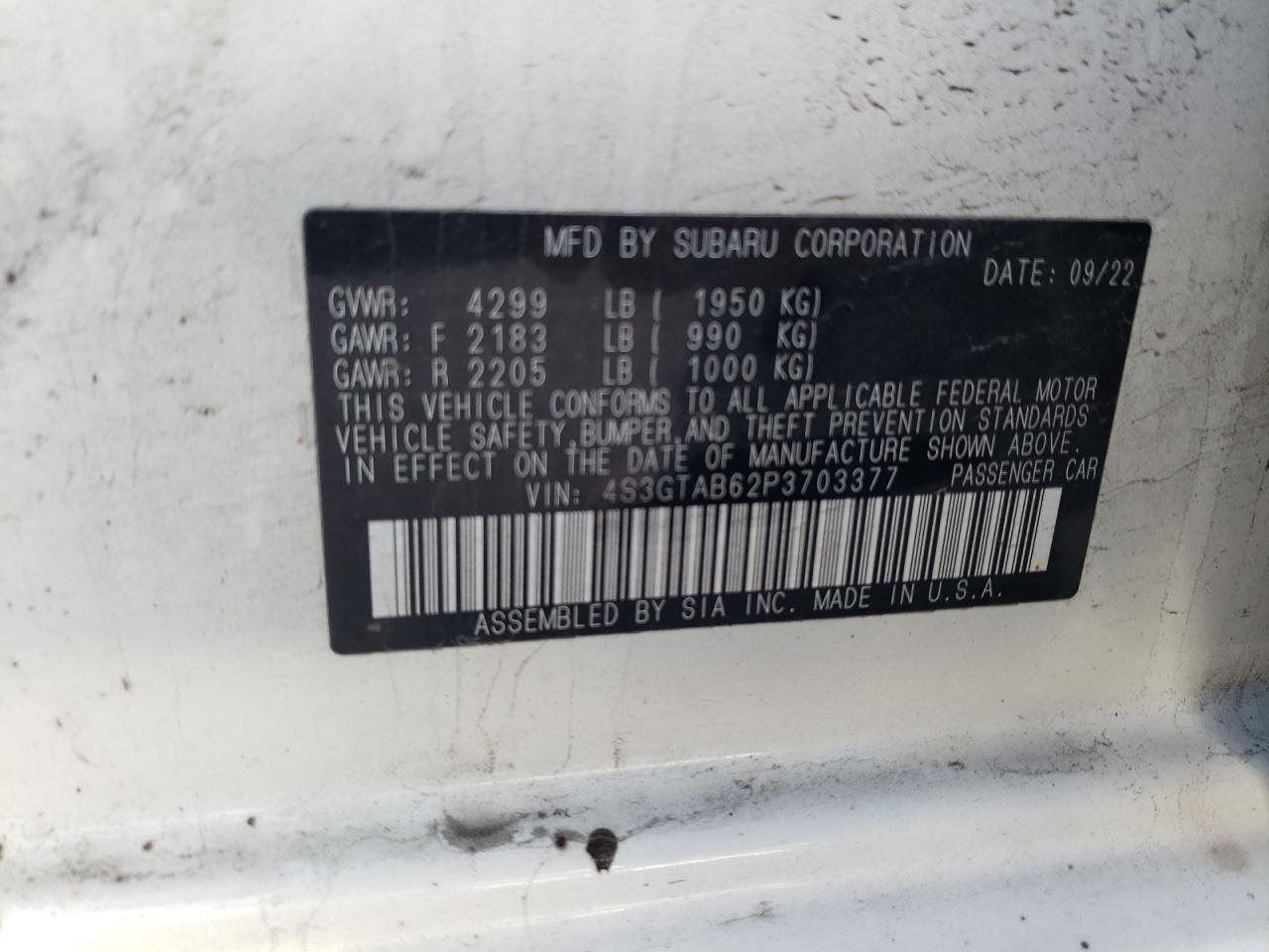 2023 SUBARU IMPREZA VIN:4S3GTAB62P3703377