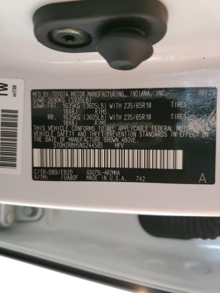 2022 TOYOTA HIGHLANDER XLE VIN:5TDHZRBH5NS244585