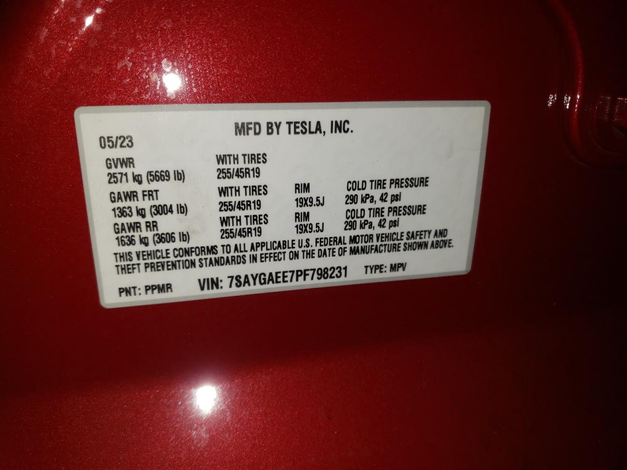 2023 TESLA MODEL Y VIN:7SAYGAEE7PF798231