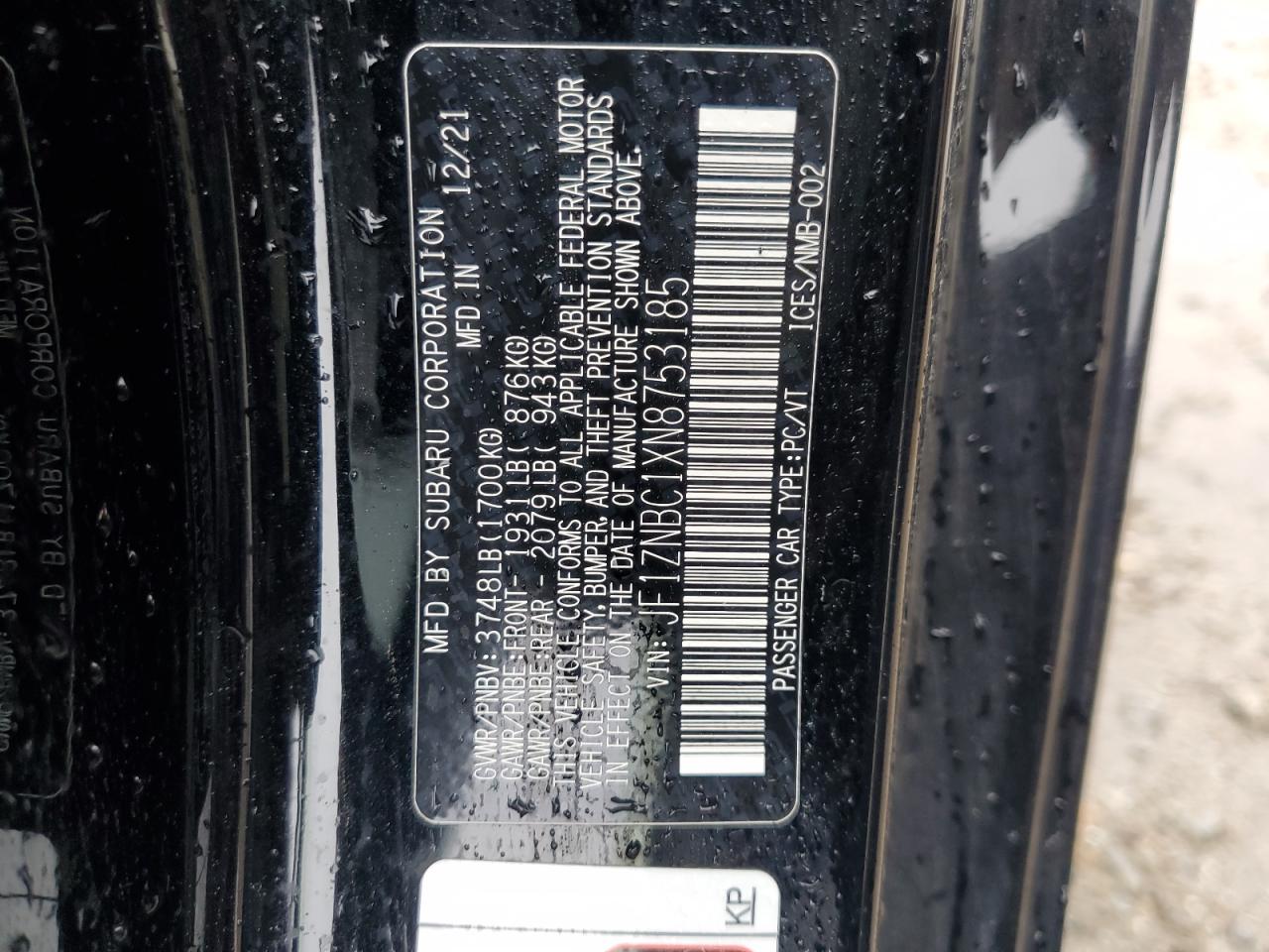 2022 TOYOTA GR 86 VIN:JF1ZNBC1XN8753185