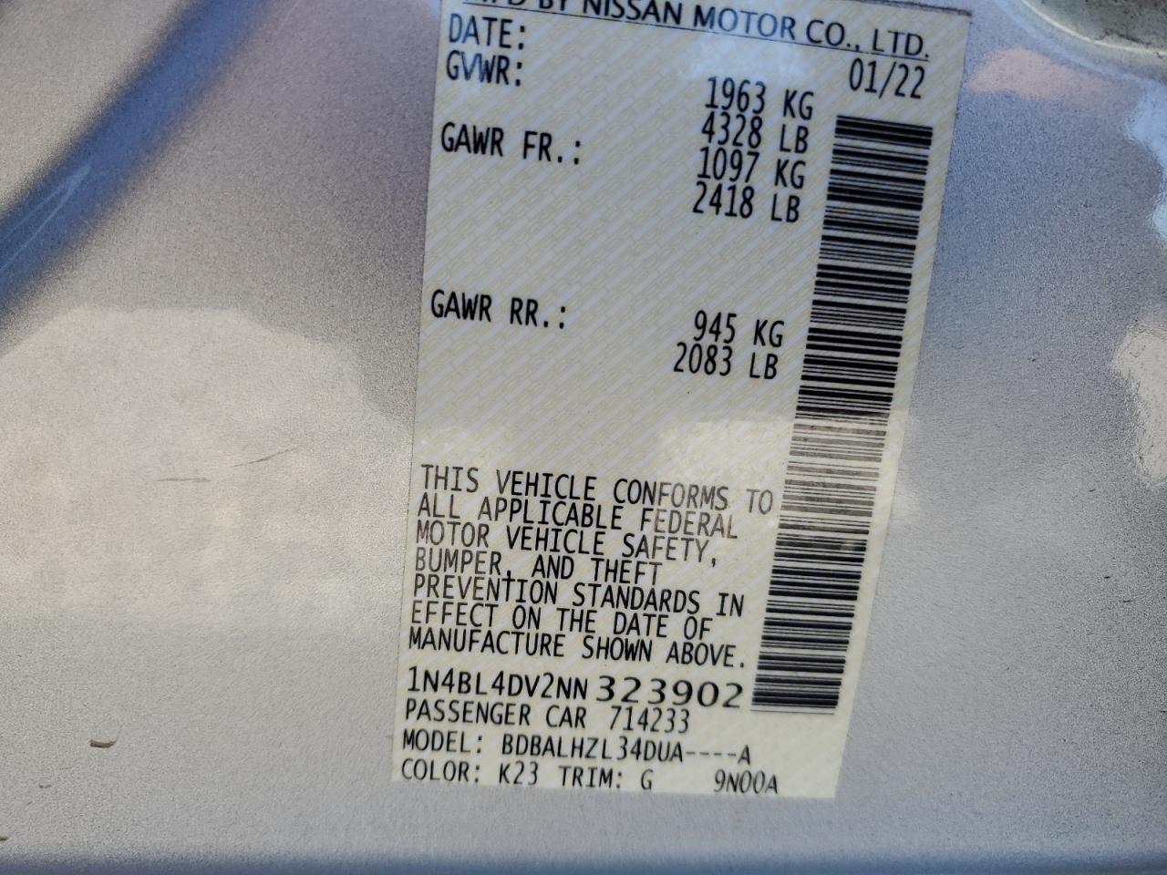 2022 NISSAN ALTIMA SV VIN:1N4BL4DV2NN323902