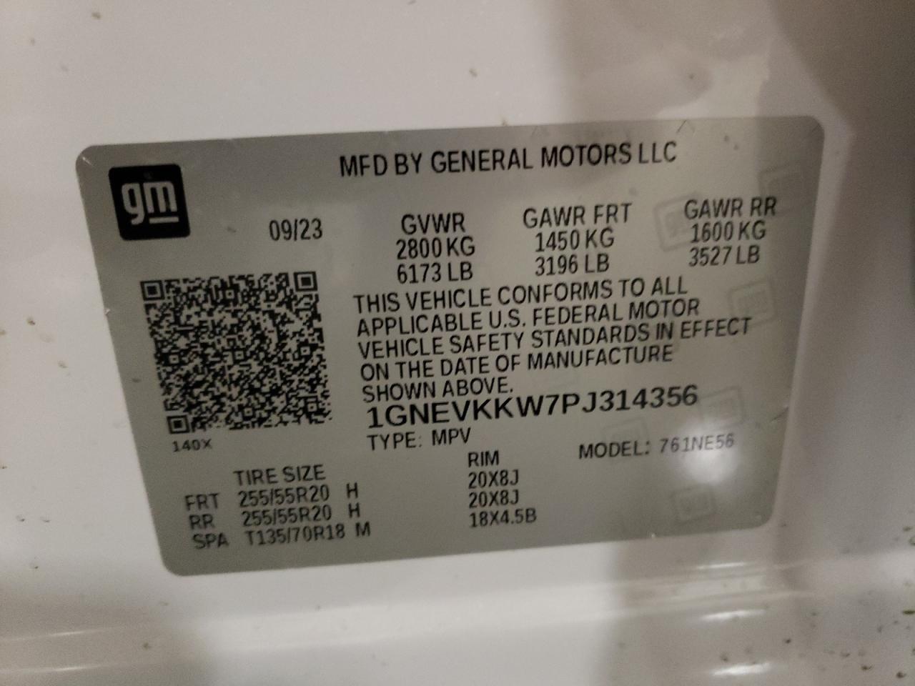 2023 CHEVROLET TRAVERSE PREMIER VIN:1GNEVKKW7PJ314356