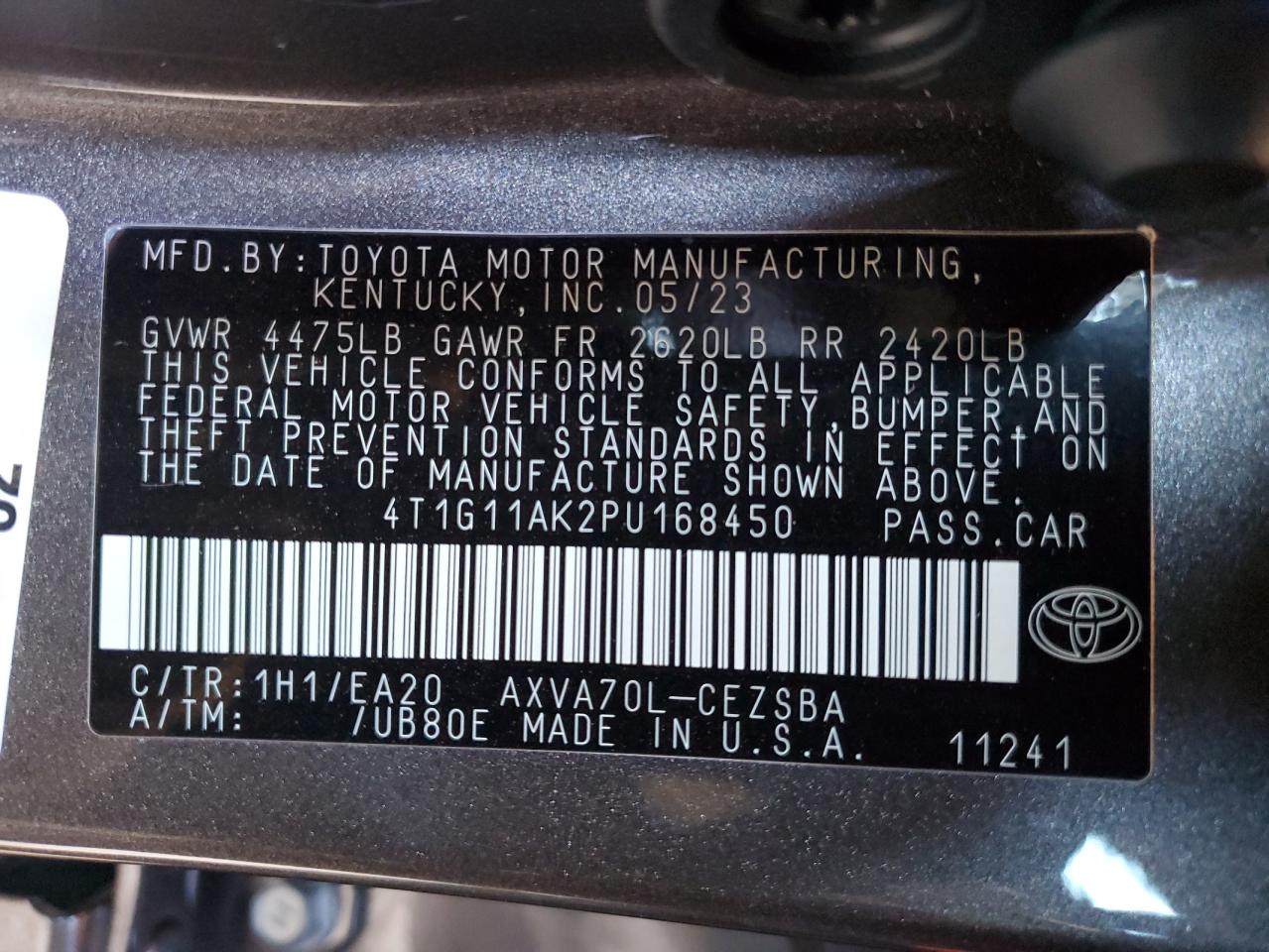 2023 TOYOTA CAMRY SE NIGHT SHADE VIN:4T1G11AK2PU168450