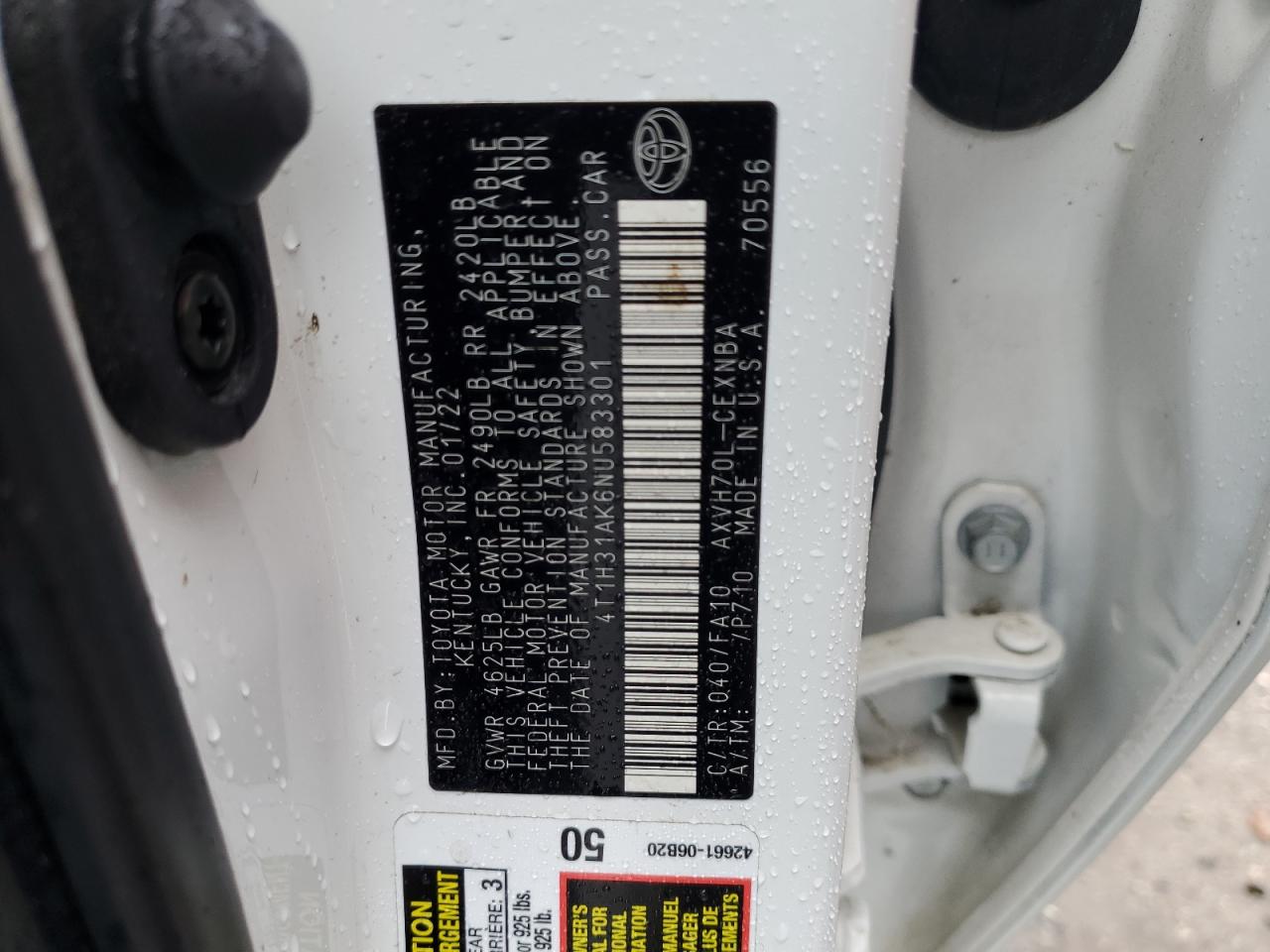 2022 TOYOTA CAMRY LE VIN:4T1H31AK6NU583301