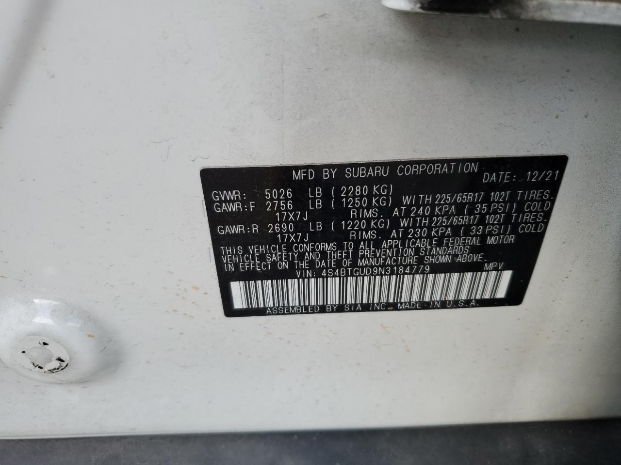 2022 SUBARU OUTBACK WILDERNESS VIN:4S4BTGUD9N3184779