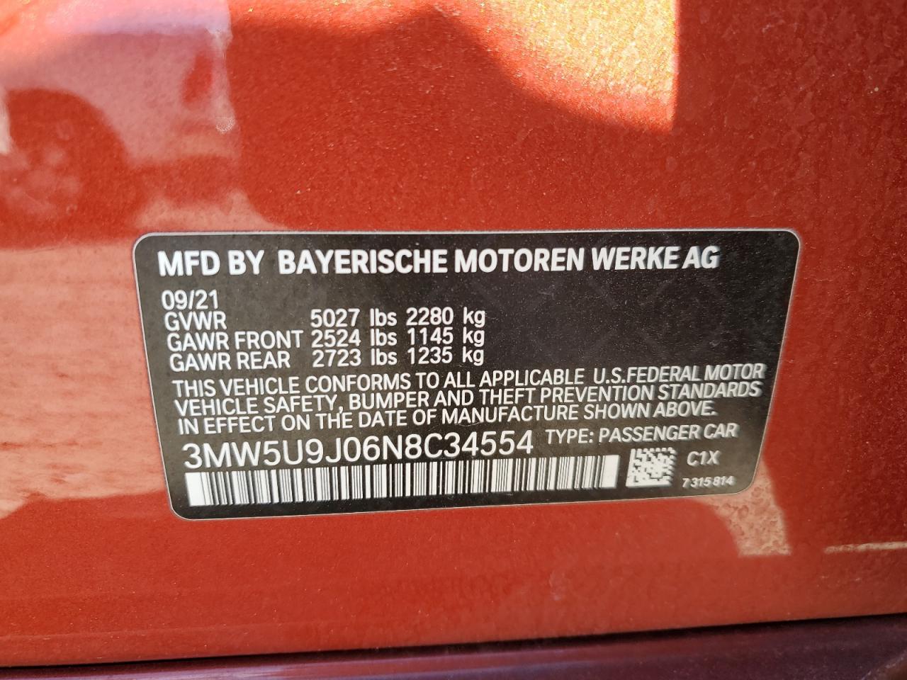 2022 BMW M340XI VIN:3MW5U9J06N8C34554