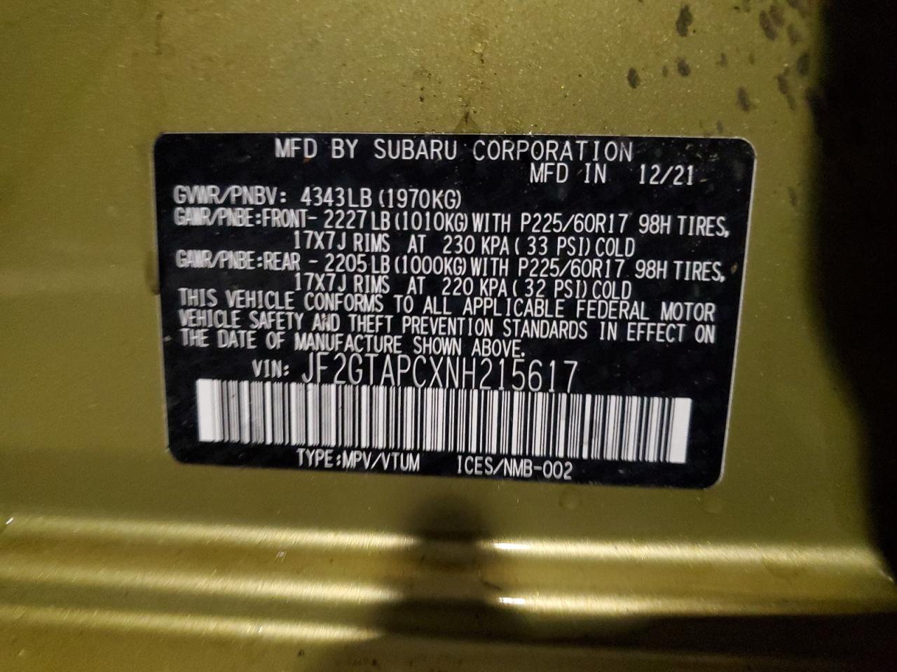 2022 SUBARU CROSSTREK PREMIUM VIN:JF2GTAPCXNH215617