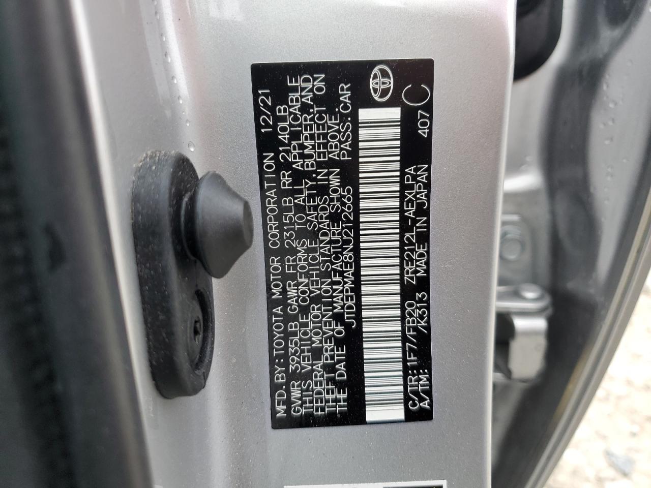 2022 TOYOTA COROLLA LE VIN:JTDEPMAE8NJ212665