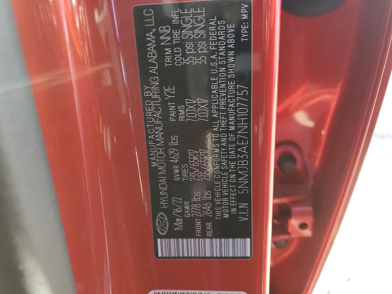 2022 HYUNDAI TUCSON SEL VIN:5NMJB3AE7NH107757