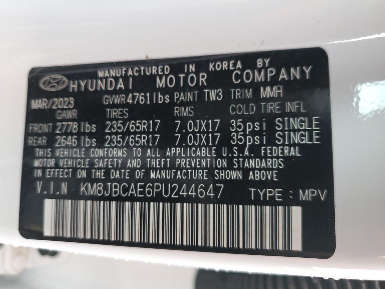 2023 HYUNDAI TUCSON SEL VIN:KM8JBCAE6PU244647
