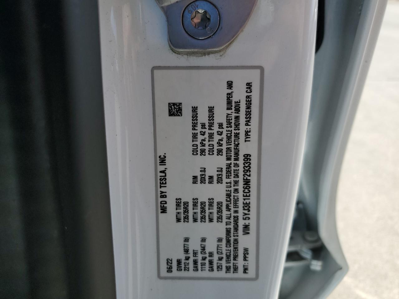 2022 TESLA MODEL 3 VIN:5YJ3E1EC6NF293399
