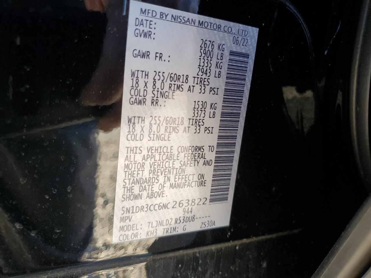 2022 NISSAN PATHFINDER SL VIN:5N1DR3CC6NC263822