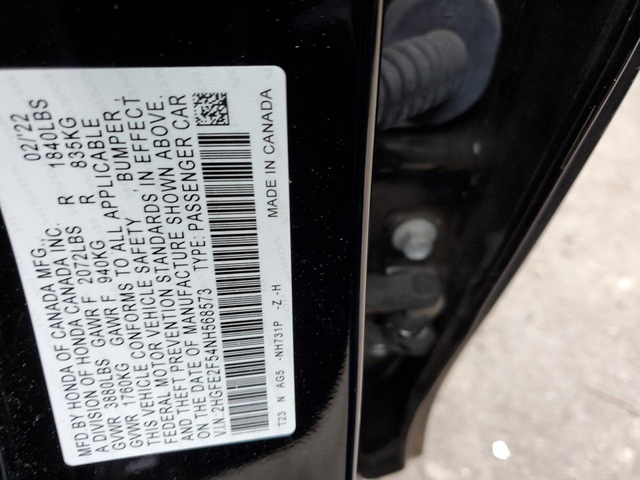 2022 HONDA CIVIC SPORT VIN:2HGFE2F54NH568573