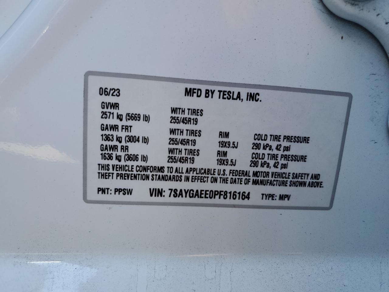 2023 TESLA MODEL Y VIN:7SAYGAEE0PF816164