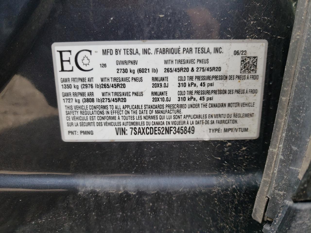 2022 TESLA MODEL X VIN:7SAXCDE52NF345849