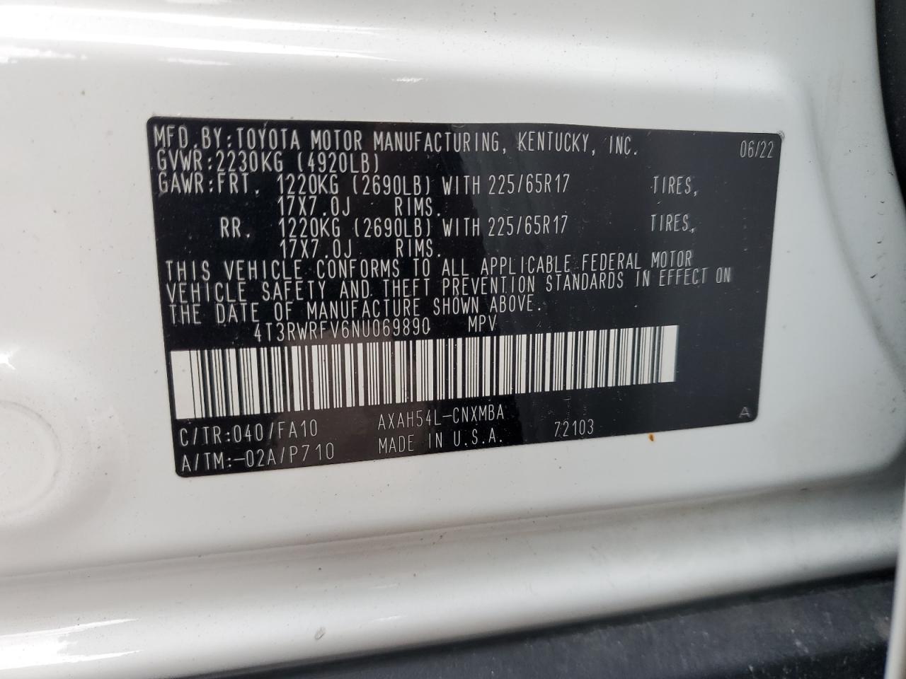 2022 TOYOTA RAV4 XLE VIN:4T3RWRFV6NU069890