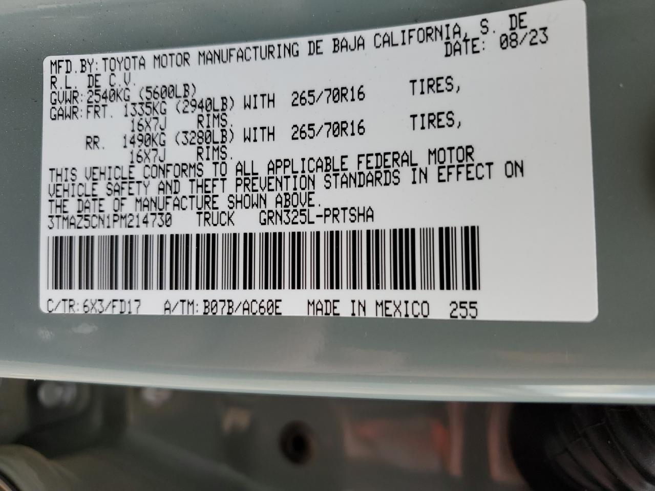 2023 TOYOTA TACOMA DOUBLE CAB VIN:3TMAZ5CN1PM214730