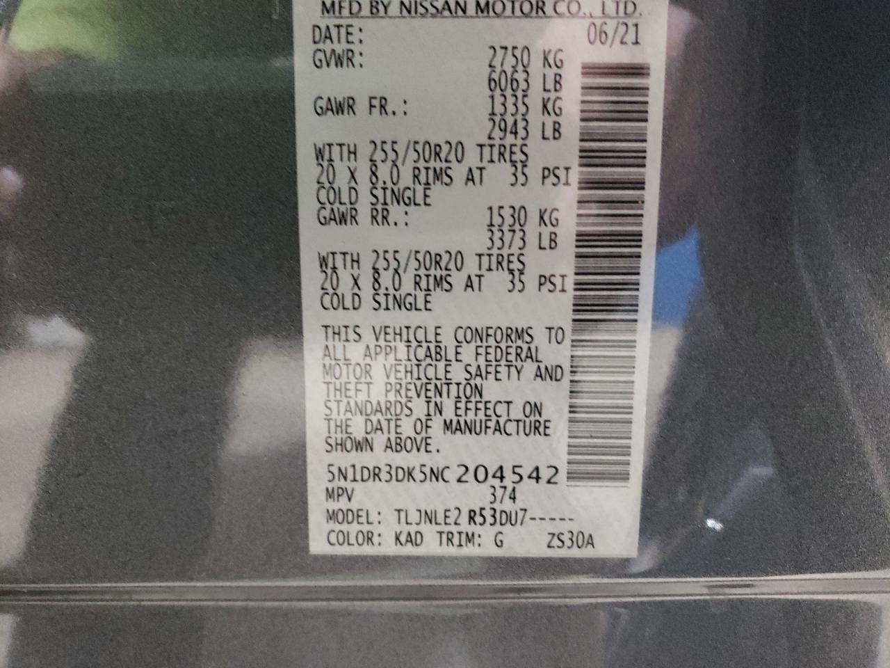 2022 NISSAN PATHFINDER PLATINUM VIN:5N1DR3DK5NC204542