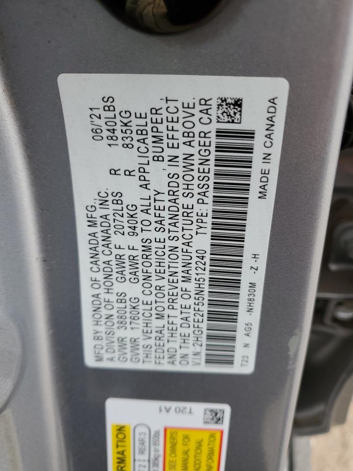 2022 HONDA CIVIC SPORT VIN:2HGFE2F55NH512240