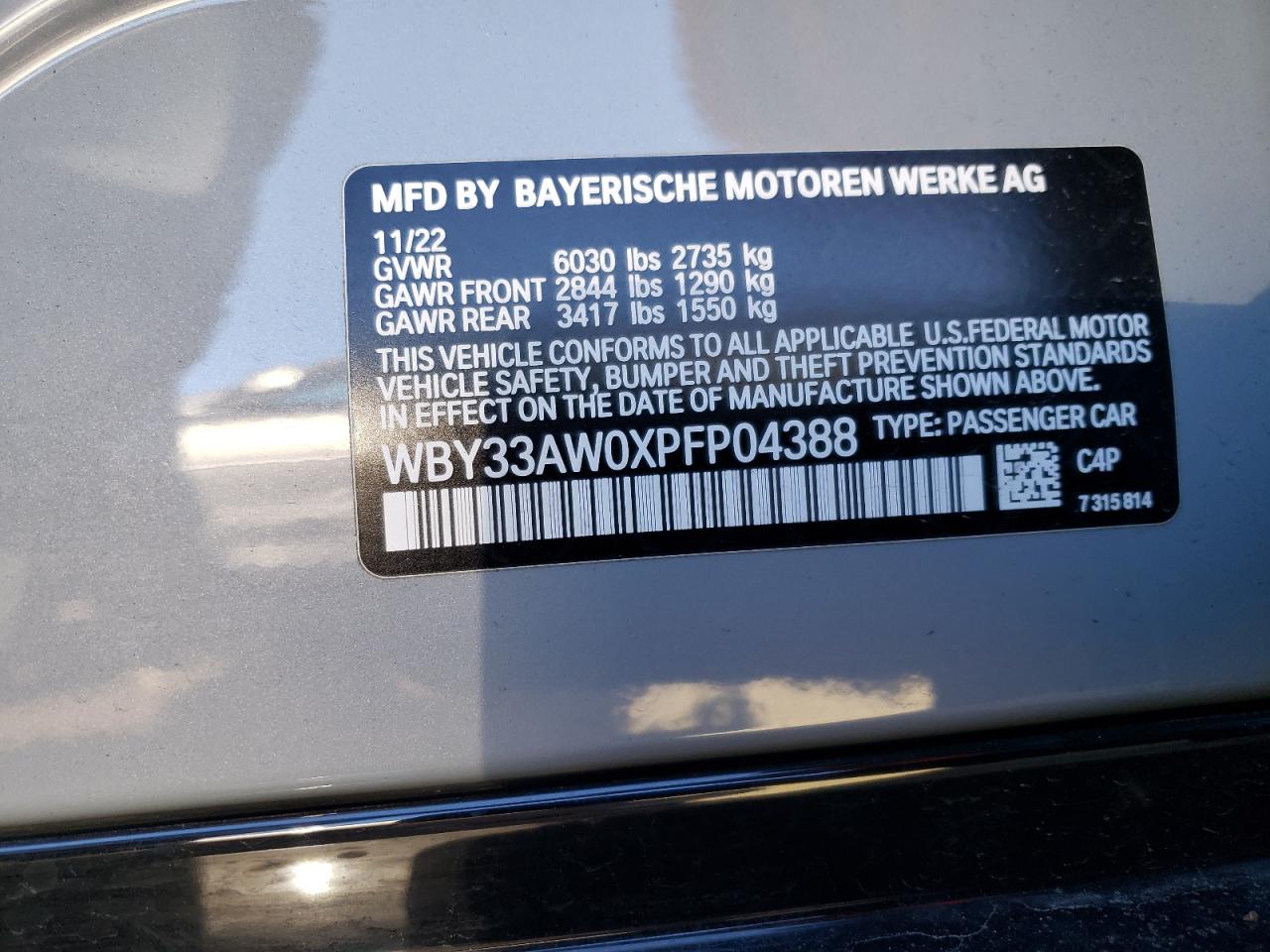 2023 BMW I4 M50 VIN:WBY33AW0XPFP04388