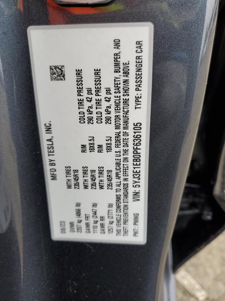 2023 TESLA MODEL 3 VIN:5YJ3E1EB0PF636105