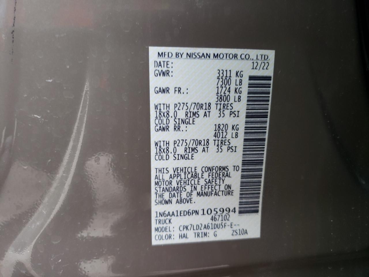 2023 NISSAN TITAN SV VIN:1N6AA1ED6PN105994