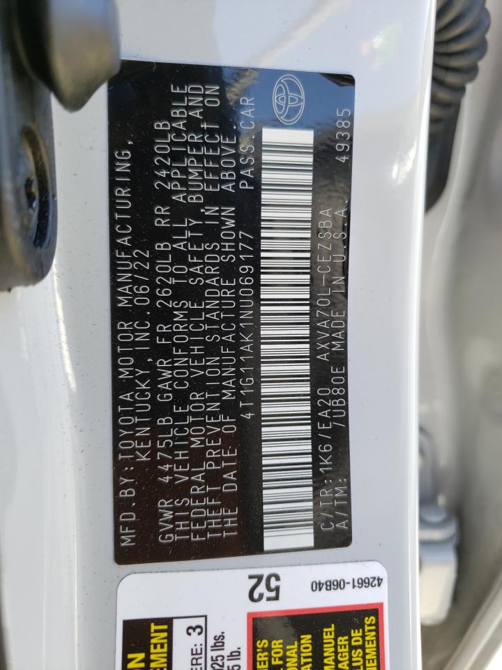 2022 TOYOTA CAMRY SE VIN:4T1G11AK1NU069177