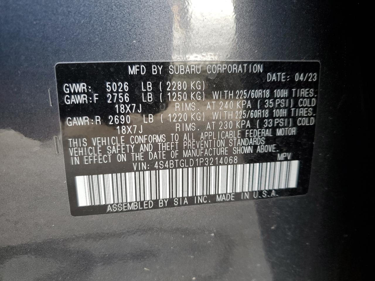 2023 SUBARU OUTBACK ONYX EDITION XT VIN:4S4BTGLD1P3214068