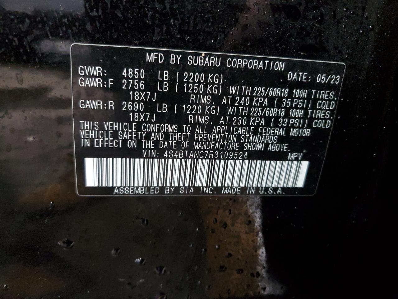 2024 SUBARU OUTBACK LIMITED VIN:4S4BTANC7R3109524