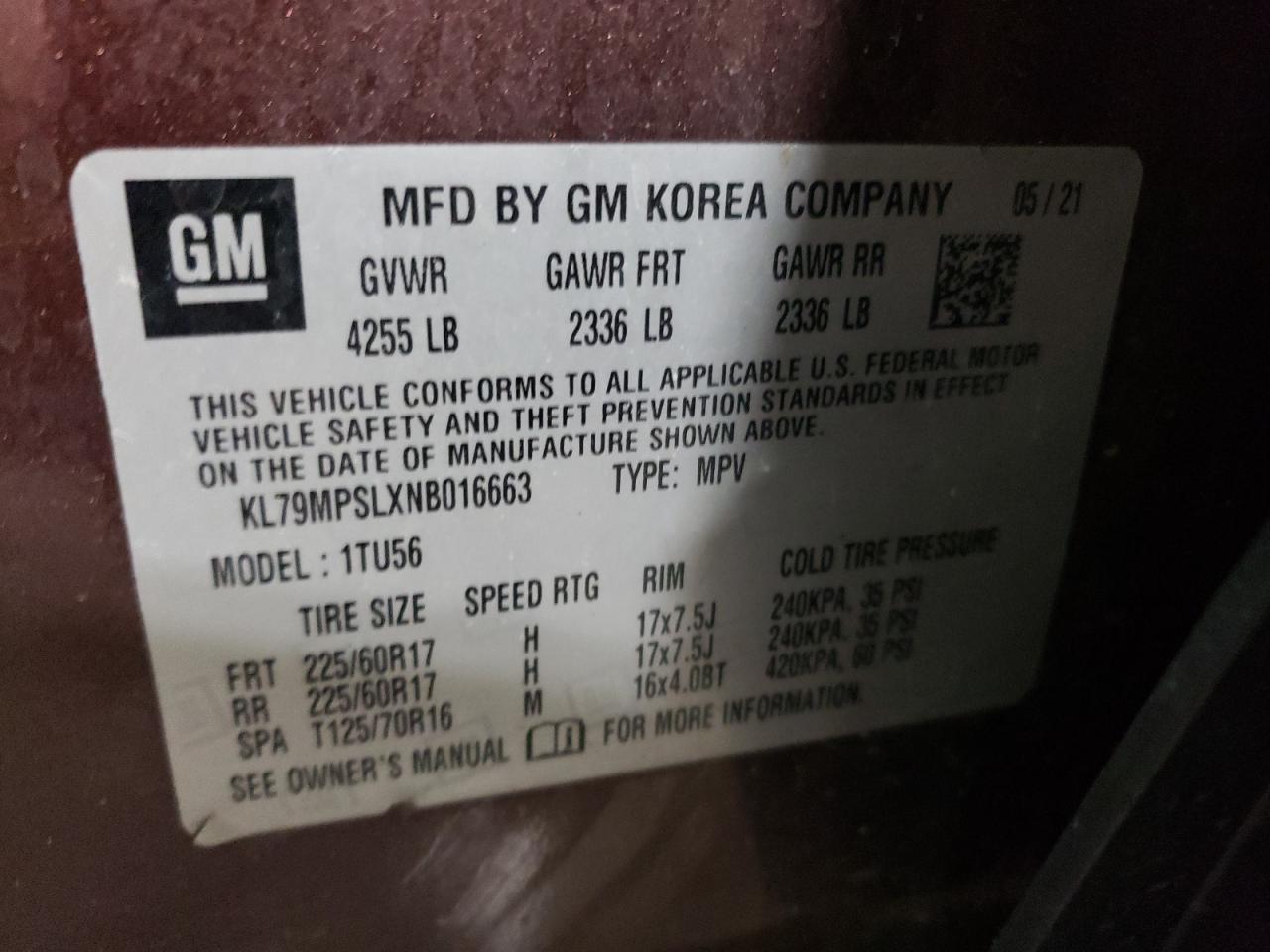 2022 CHEVROLET TRAILBLAZER LT VIN:KL79MPSLXNB016663