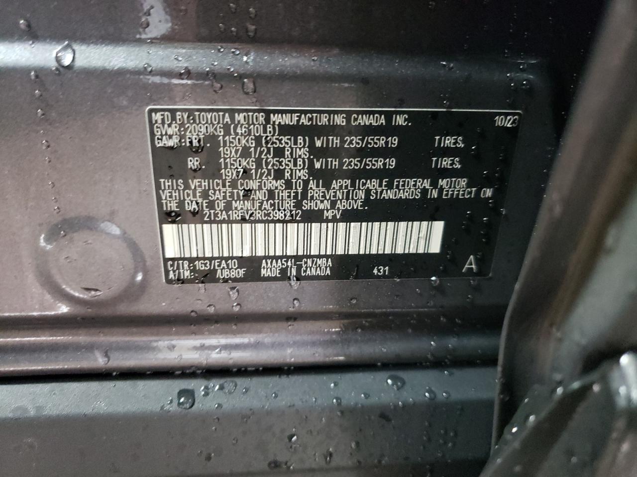 2024 TOYOTA RAV4 XLE PREMIUM VIN:2T3A1RFV3RC398212