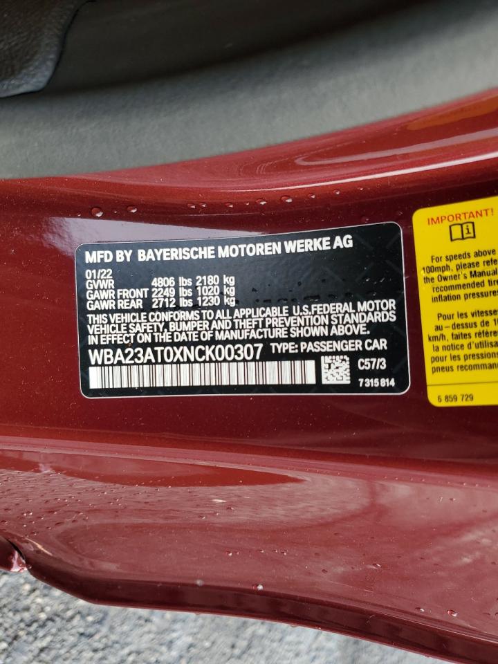 2022 BMW 430I VIN:WBA23AT0XNCK00307