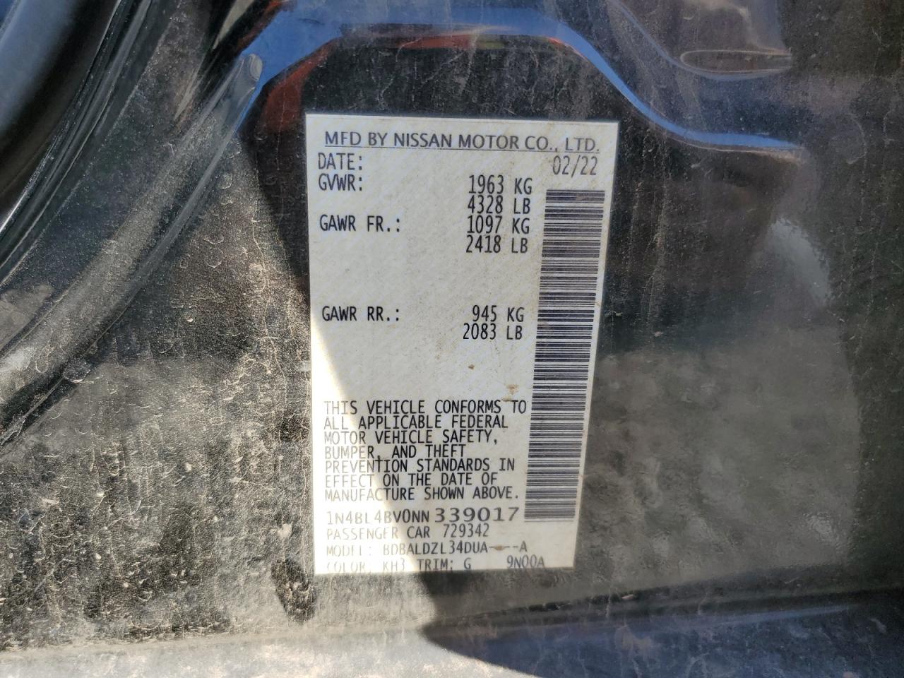 2022 NISSAN ALTIMA S VIN:1N4BL4BV0NN339017