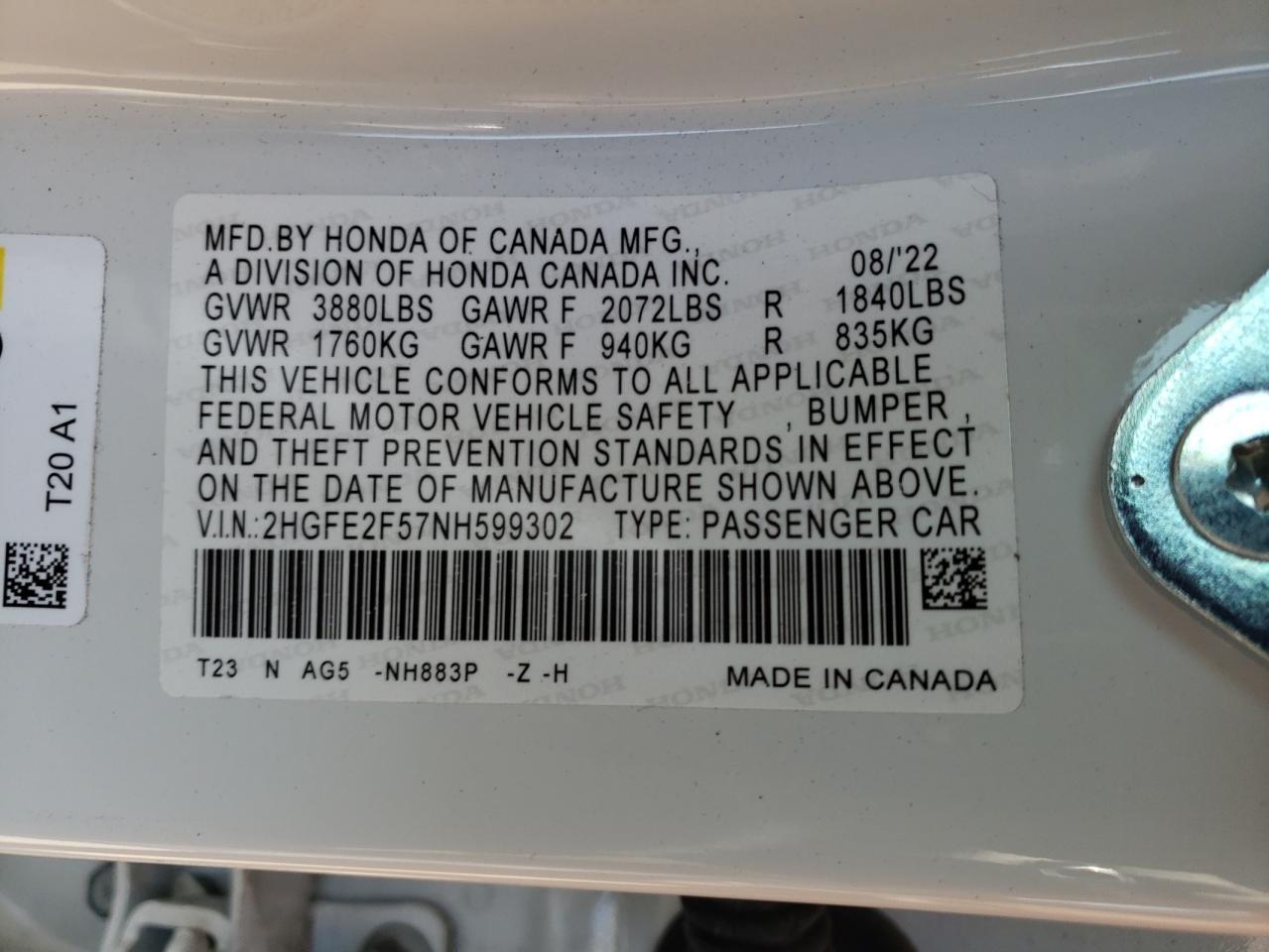 2022 HONDA CIVIC SPORT VIN:2HGFE2F57NH599302