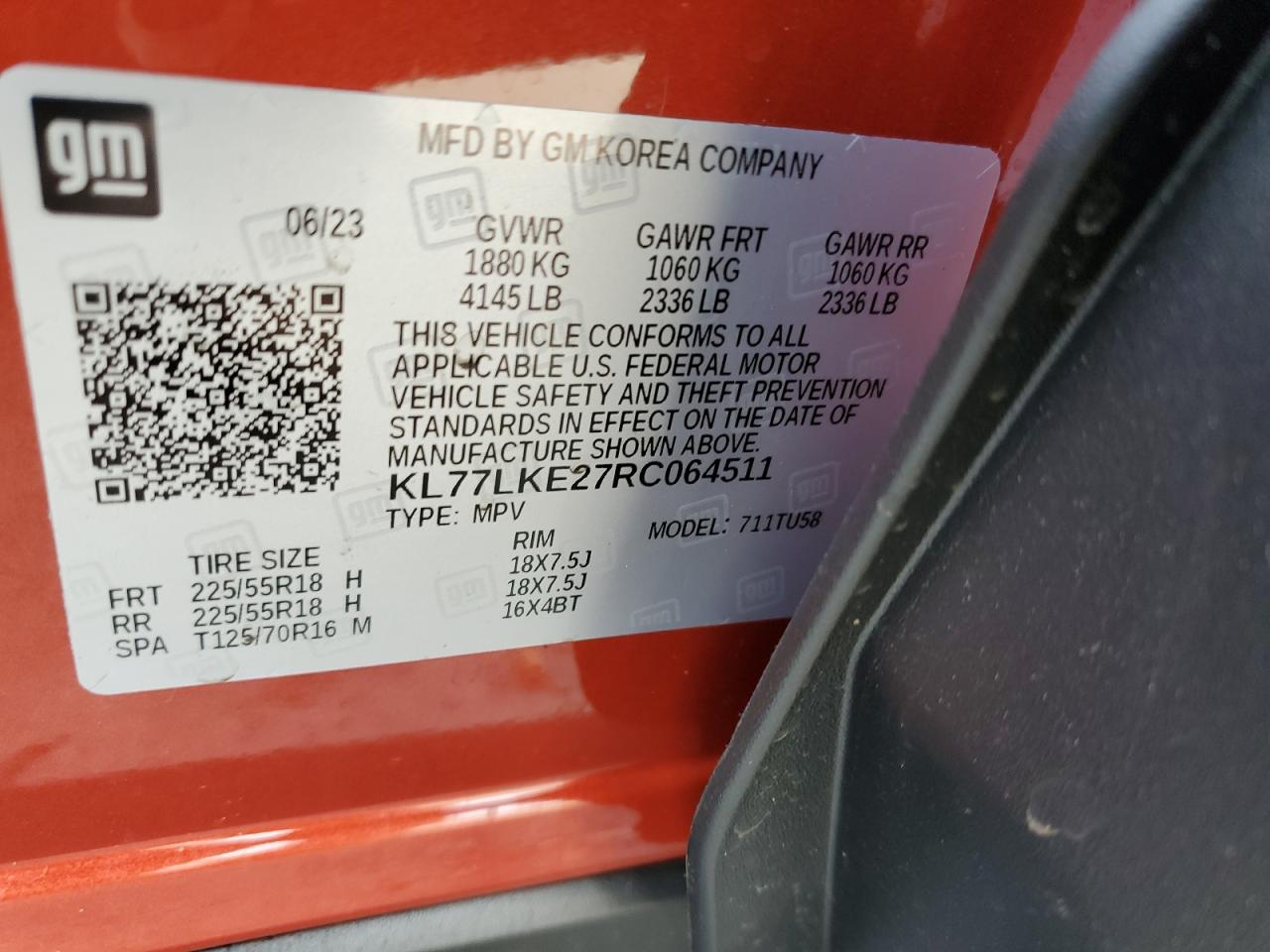 2024 CHEVROLET TRAX ACTIV VIN:KL77LKE27RC064511