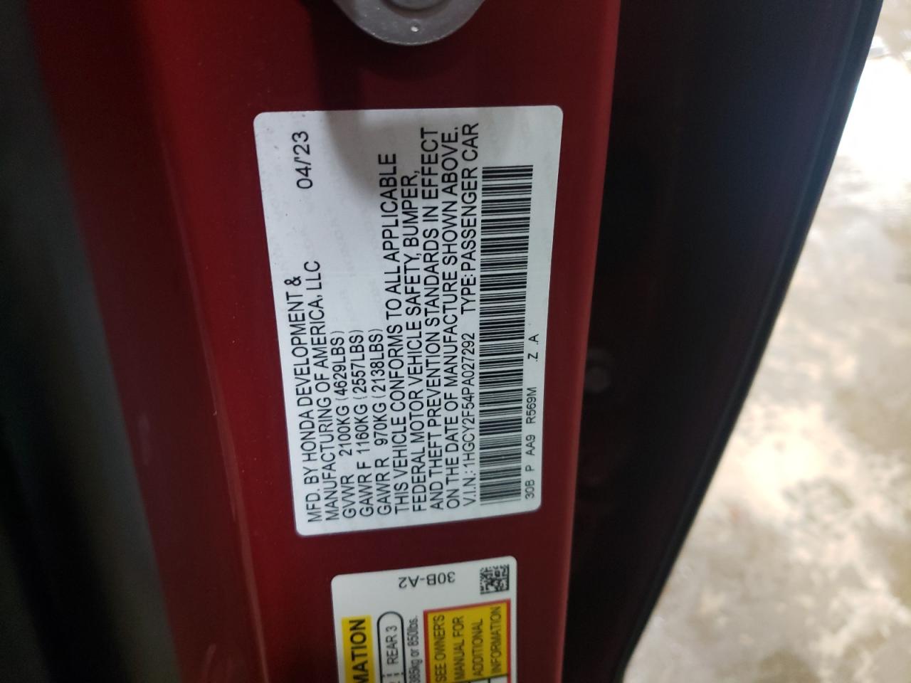 2023 HONDA ACCORD HYBRID SPORT VIN:1HGCY2F54PA027292