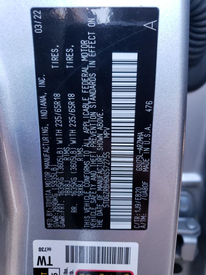 2022 TOYOTA HIGHLANDER XLE VIN:5TDGZRBH6NS572755