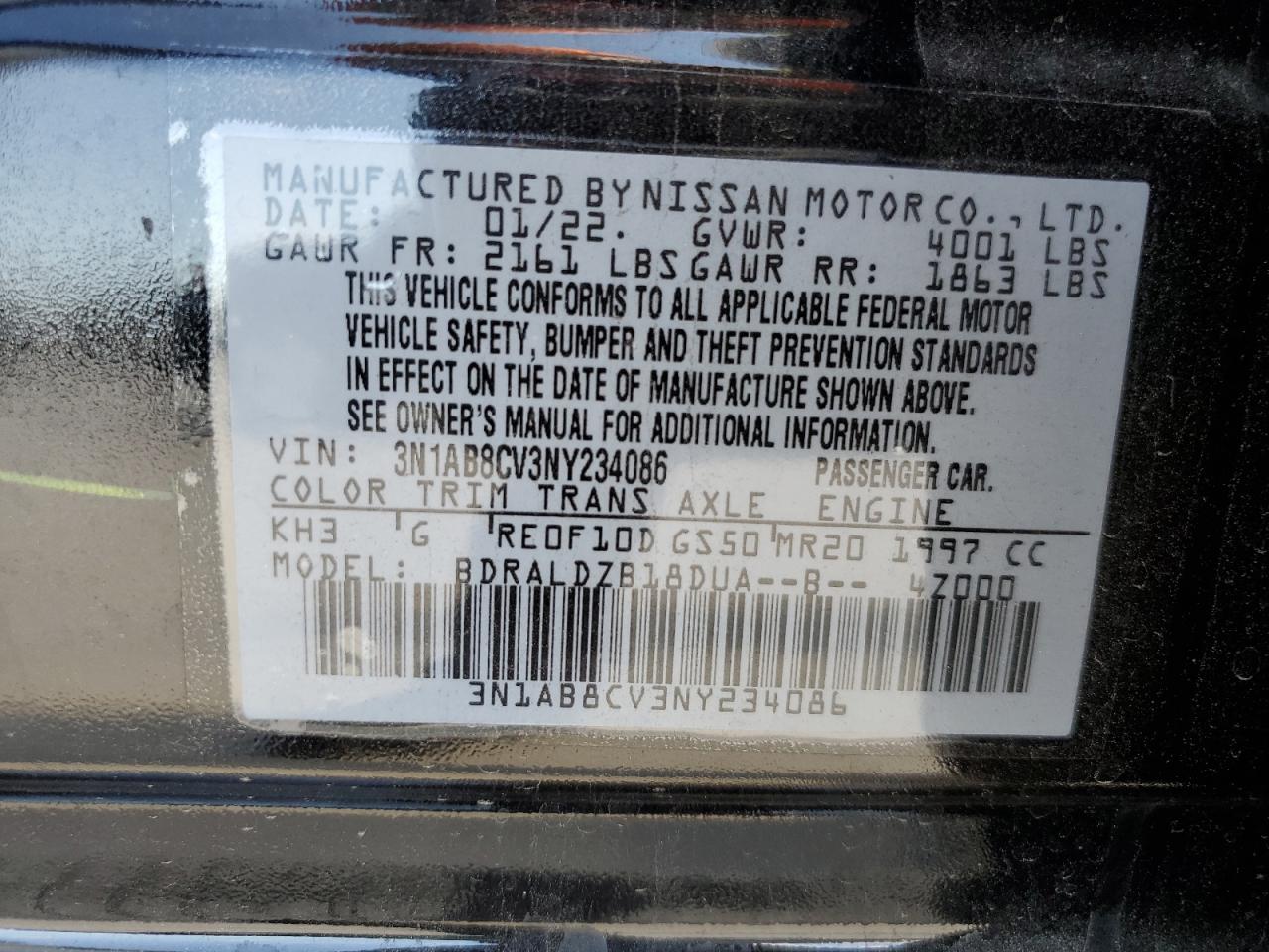 2022 NISSAN SENTRA SV VIN:3N1AB8CV3NY234086