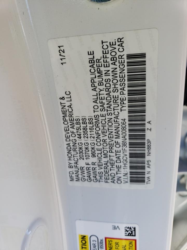 2022 HONDA ACCORD SPORT VIN:1HGCV1F38NA008064