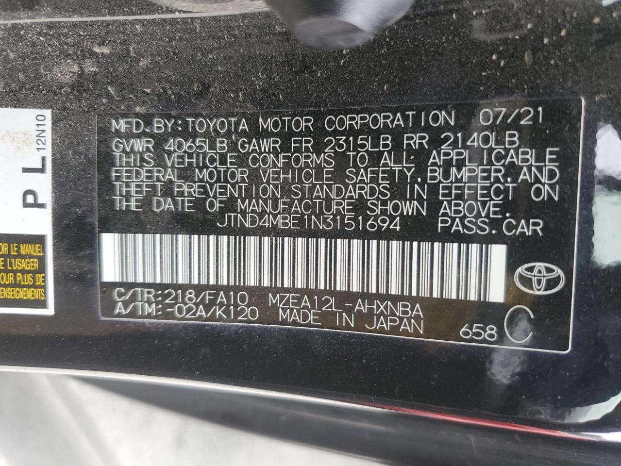 2022 TOYOTA COROLLA SE VIN:JTND4MBE1N3151694