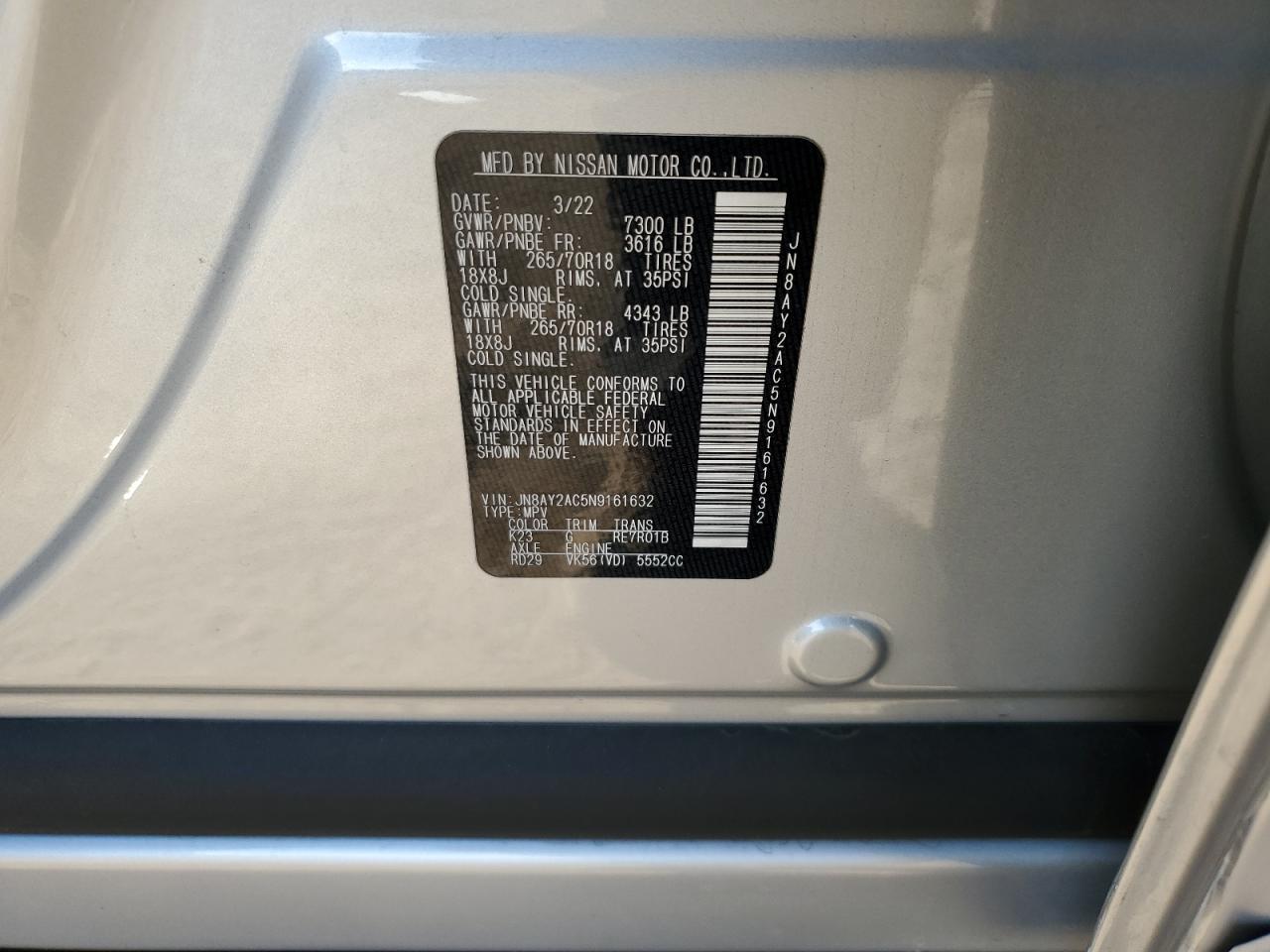 2022 NISSAN ARMADA S VIN:JN8AY2AC5N9161632