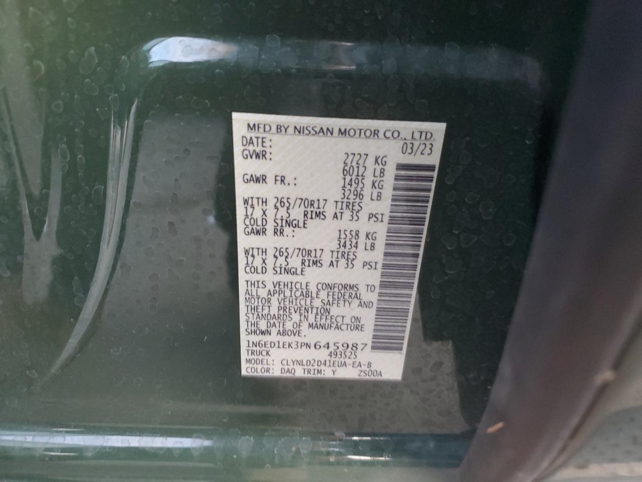 2023 NISSAN FRONTIER S VIN:1N6ED1EK3PN645987