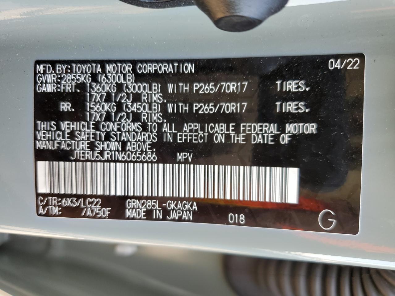 2022 TOYOTA 4RUNNER SR5 PREMIUM VIN:JTERU5JR1N6065686